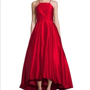 Betsy & Adam red satin formal dress with pockets.